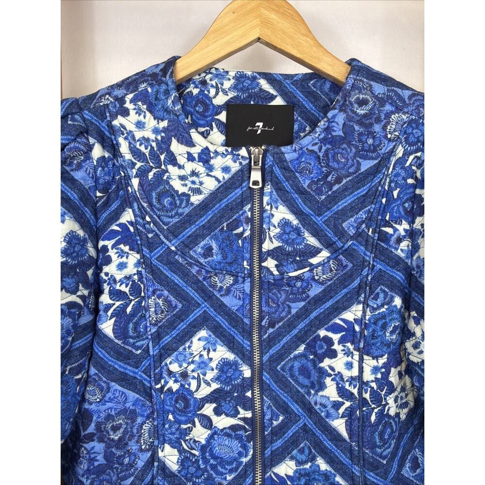 7 For All Mankind Quilted Blue Pattern Zip Up Crop Jacket #1564 Size SMALL - Picture 2 of 5